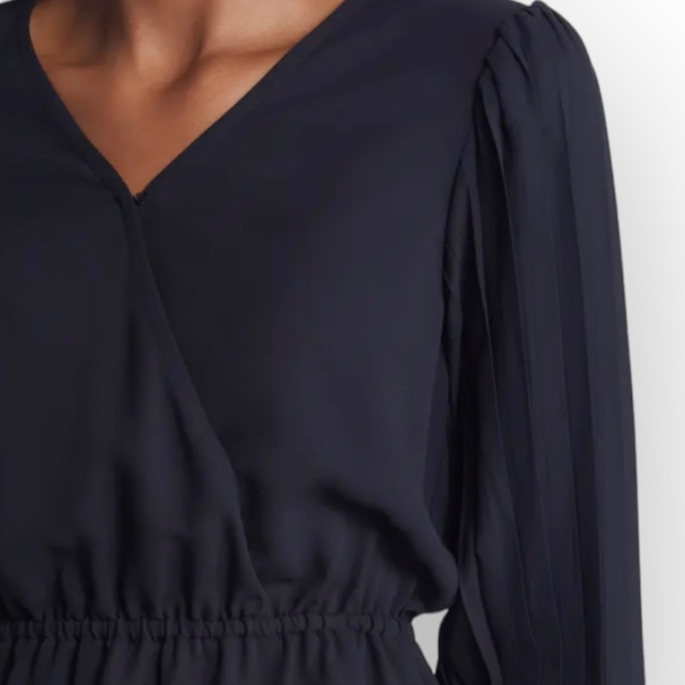 Anne Klein Women’s Pleated Sleeve V-neck Georgette Blouse. - Picture 3 of 4